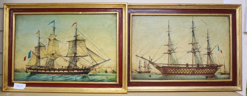 A pair of colour prints of frigates, 28 x 43cm
